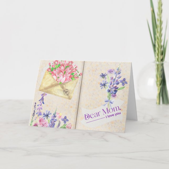 Vintage Open Book Style Art with Floral Mum Card (Front)