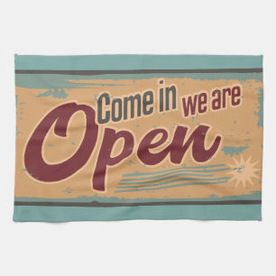 Vintage open business sign retro cafe garage tea towel