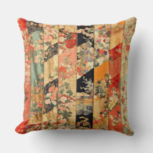 Vintage Orange abd Black Floral Kimono Patchwork Cushion