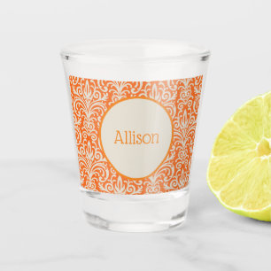 Vintage Orange and White Damask Personalised Shot Glass