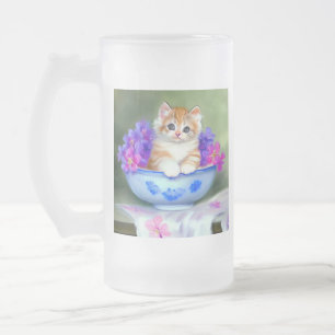 Vintage Orange and White Kitten Illustration Frosted Glass Beer Mug