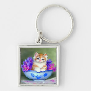 Vintage Orange and White Kitten Illustration Key Ring