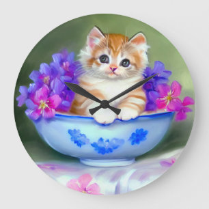 Vintage Orange and White Kitten Illustration Large Clock