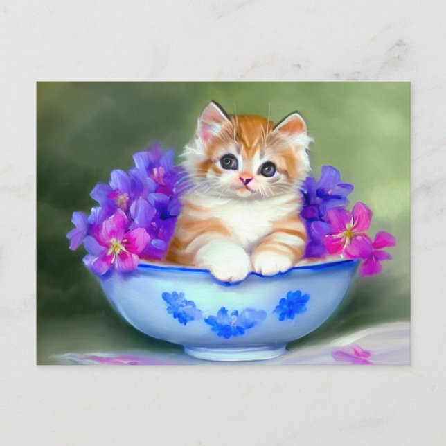 Vintage Orange and White Kitten Illustration Postcard (Front)