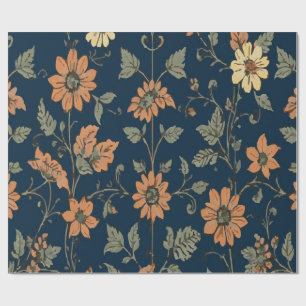 Vintage Orange and Yellow Floral Pattern on Dark Wrapping Paper