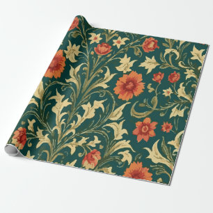 Vintage Orange and Yellow Floral Pattern on Green Wrapping Paper
