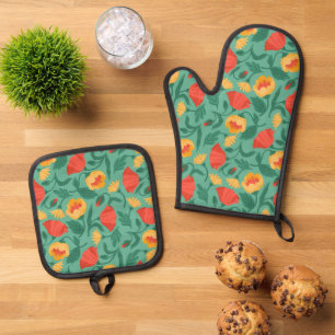 Vintage Orange and Yellow Flowers Oven Mitt & Pot Holder Set