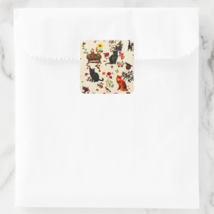 Vintage Orange Black Cats Bird Floral Garden Square Sticker