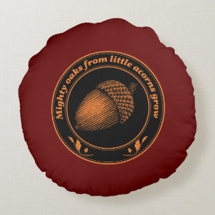 Vintage Orange Black Proverb Oak Acorn Leaves Round Cushion