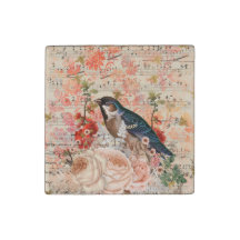 Vintage Orange Blue Floral Bird Musical Ephemera
