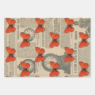 Vintage Orange Butterfly and Newspaper Wrapping Paper Sheet