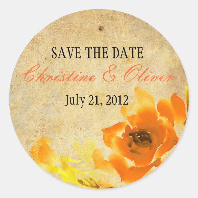 Vintage Orange Floral Romantic Wedding Sticker (Front)