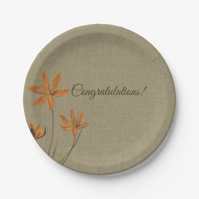 Vintage Orange Flower on Burlap Paper Plate (Front)