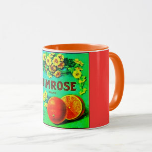 Vintage orange fruit advertisement label green red mug