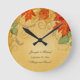 Vintage orange gold fall leaves wedding clock