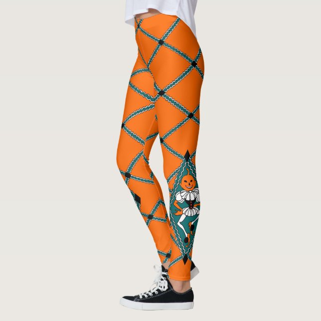 Vintage Orange Halloween Argyle Jesters Leggings (Left)