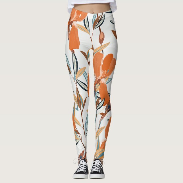 Vintage Orange Iris Floral Pattern Leggings (Front)