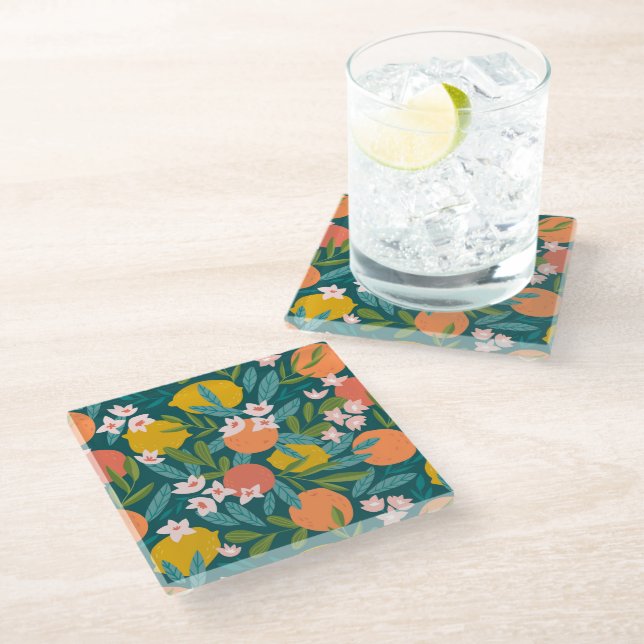 Vintage Orange & Lemon Blossom Pattern Glass Coaster (Angled)