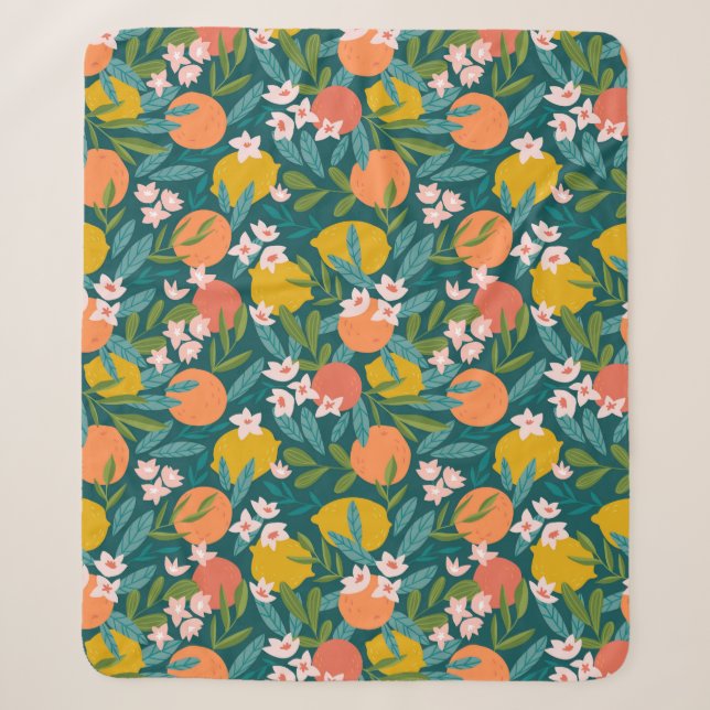 Vintage Orange & Lemon Blossom Pattern Sherpa Blanket (Front)
