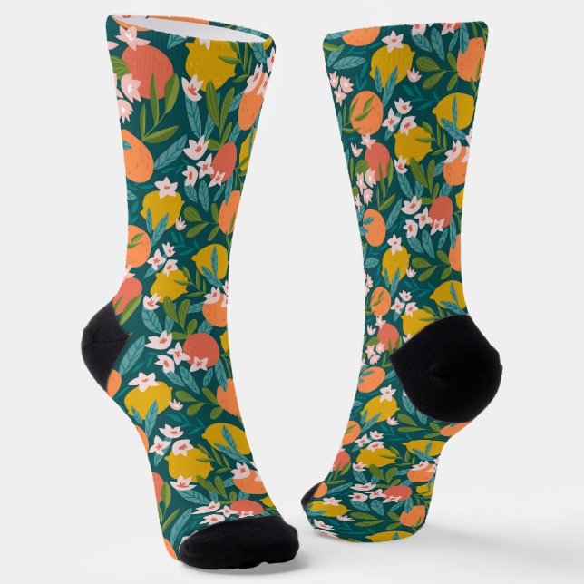 Vintage Orange & Lemon Blossom Pattern Socks (Angled)