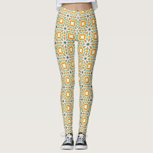 Vintage Orange Mint Floral Geometric Pattern Leggings