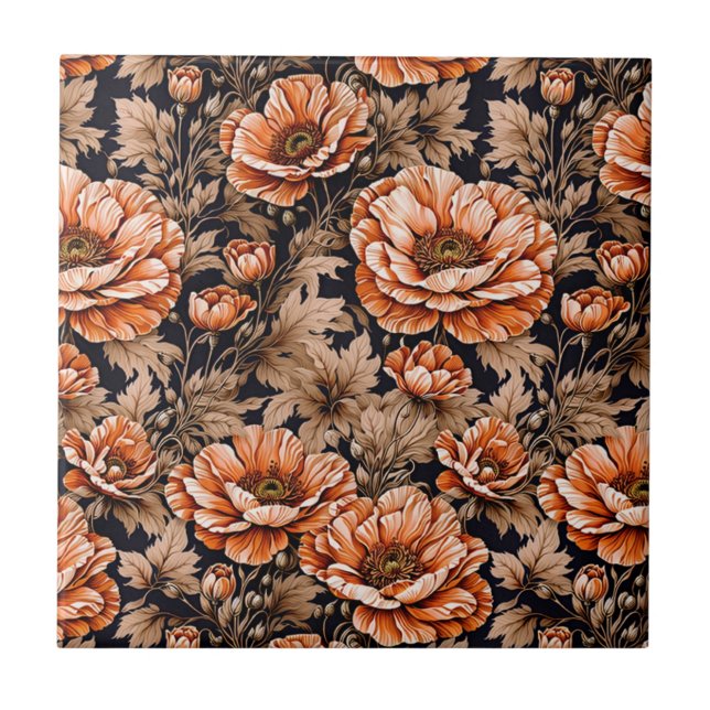 Vintage Orange Poppy Floral Black Tile (Front)