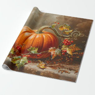 Vintage Orange Pumpkin Painting Decoupage Wrapping Paper
