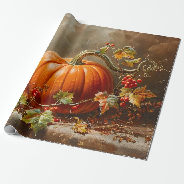Vintage Orange Pumpkin Painting Decoupage Wrapping Paper (Unrolled)