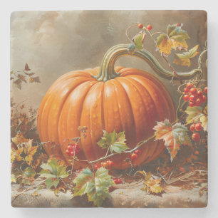 Vintage Orange Pumpkin Painting Stone Coaster