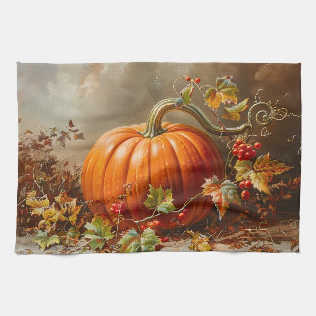 Vintage Orange Pumpkin Painting Tea Towel (Horizontal)