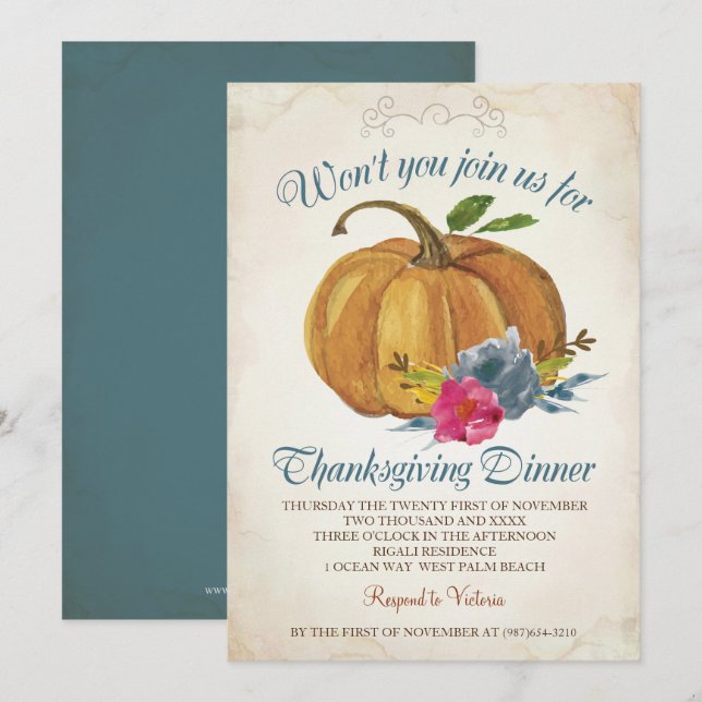 Vintage Orange Pumpkin Thanksgiving Dinner Invitation (Front/Back)