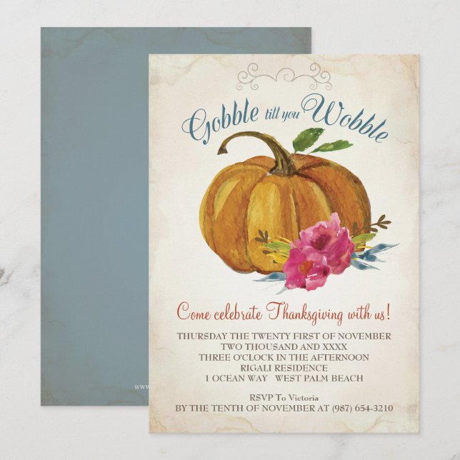 Vintage Orange Pumpkin Thanksgiving Family Dinner Invitation (Front/Back)