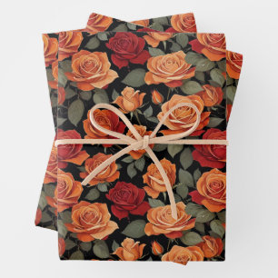 Vintage Orange & Red Rose Floral wrapping paper