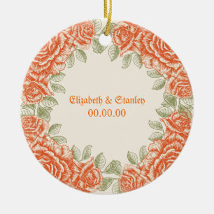 Vintage orange roses Wedding Save the Date Ceramic Tree Decoration