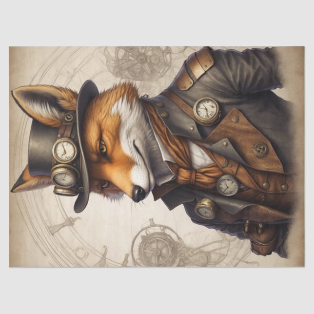 Vintage Orange Steampunk Fox Tissue Paper (Front)