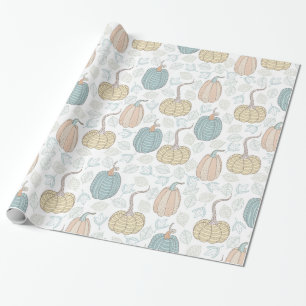 Vintage Orange Teal Pumpkins Fall Leaves on White Wrapping Paper