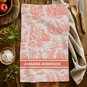 Vintage orange toile de jouy printed tea towel