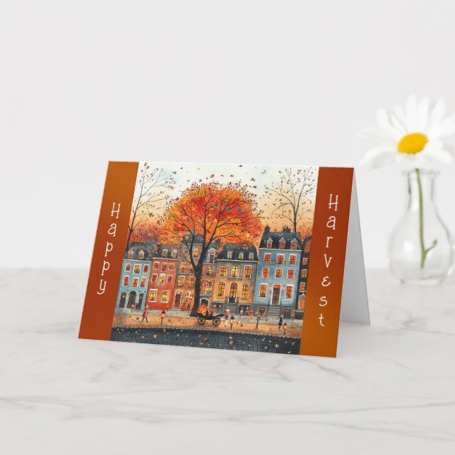 Vintage Orange Tree Street Houses Thanksgiving Card (Small Plant)