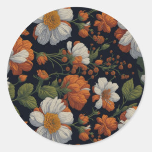 Vintage Orange white elegant retro flowers Classic Round Sticker