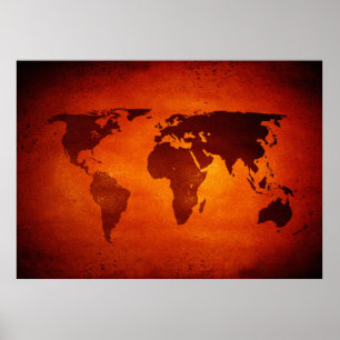 Vintage orange world map poster
