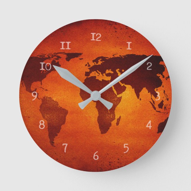 Vintage orange world map round clock (Front)