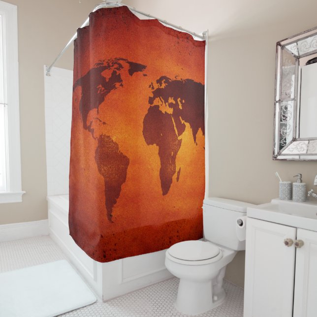 Vintage orange world map shower curtain (In Situ)