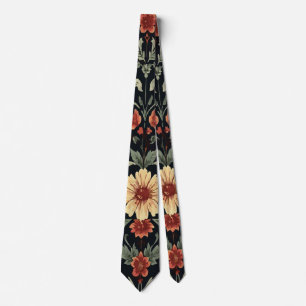 Vintage Orange, Yellow, and Green Floral on Black Tie
