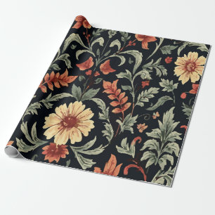 Vintage Orange Yellow and Green Floral Pattern Wrapping Paper
