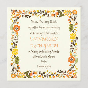 Vintage orange yellow floral border modern wedding invitation
