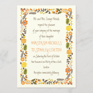 Vintage orange yellow floral border modern wedding invitation