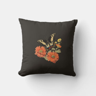 vintage orange yellow ivory black butterfly floral cushion