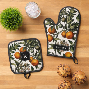 Vintage Oranges and Blossoms Monogram Name Oven Mitt & Pot Holder Set