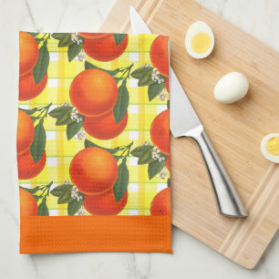 Vintage Oranges Yellow Plaid Pattern Orange Border Tea Towel