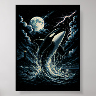 Vintage Orca Midnight Moon 90s Killer Whale Poster